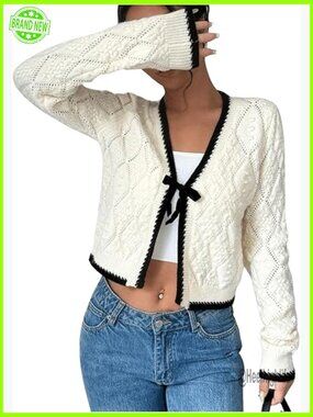 Womens Tie Front Cropped Cardigan Dressy Fall Sweater Long Sleeve Knit